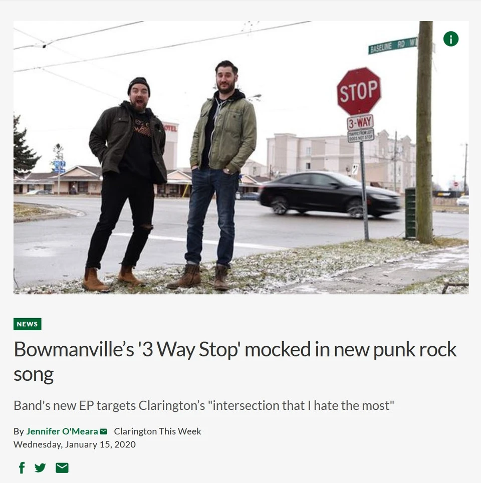 The song release of 3 way stop by the Crease Rule makes headlines for calling out Bowmanville's hazardous three-way stop intersection with a punk rock song.